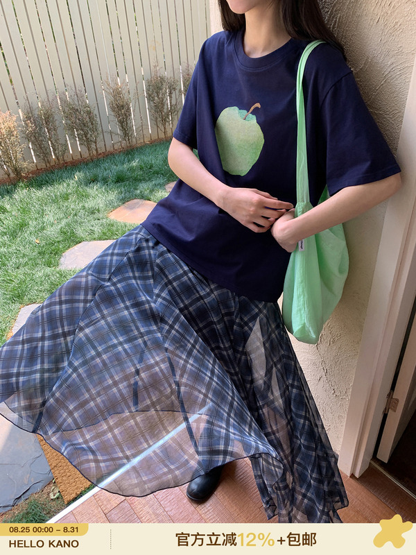 你好卡农 不对称斜裁格纹半身裙女夏季新款设计感高腰a字格子长裙|undefined