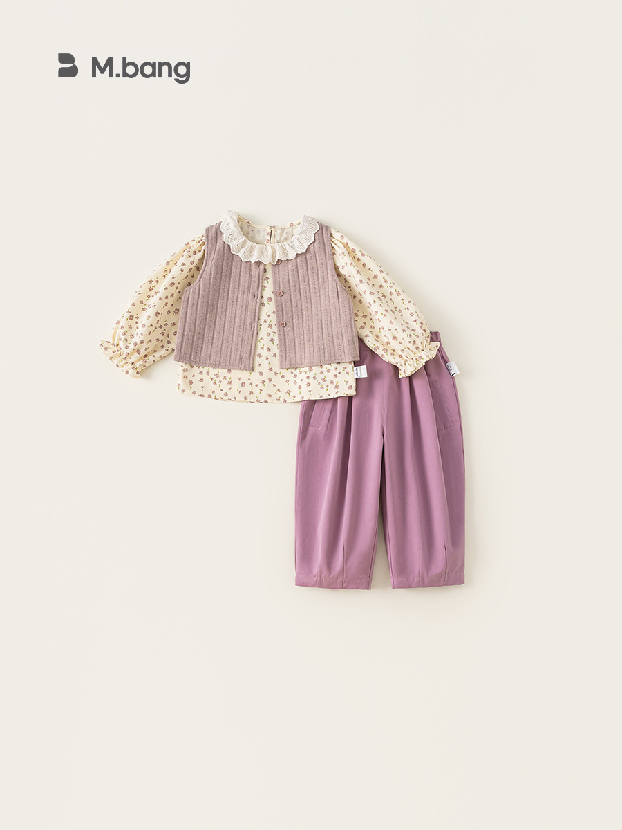Yoobao ropa infantil niñas trajes de otoño 2026 nuevo chaleco de mangas largas camisa de encaje base pantalones casuales de tres piezas