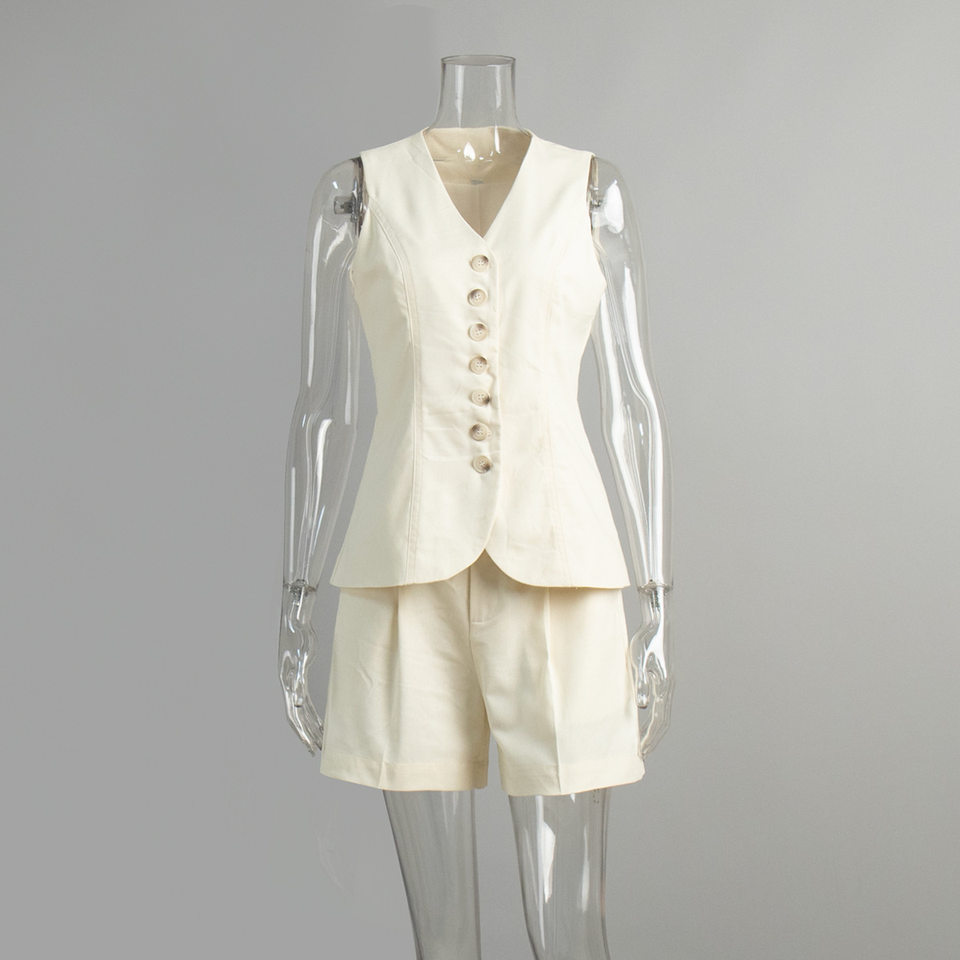 Bộ vest gile và quần short nữ chất liệu lanh cotton, áo khoét vai không tay, kiểu công sở — Màu mơ, Màu nâu đậm, Màu trắng, Màu xanh nước biển chi tiết 12