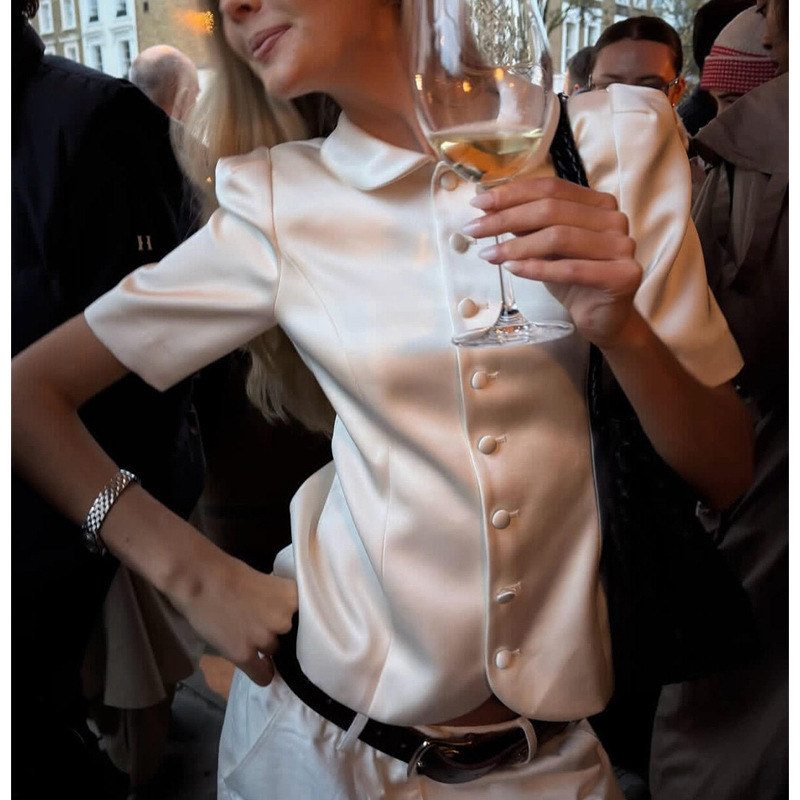 French Old Money Style White Doll Collar Short-Sleeved Shirt Top for Women, Short Slim Fit Acetate Satin Shirt for Summer