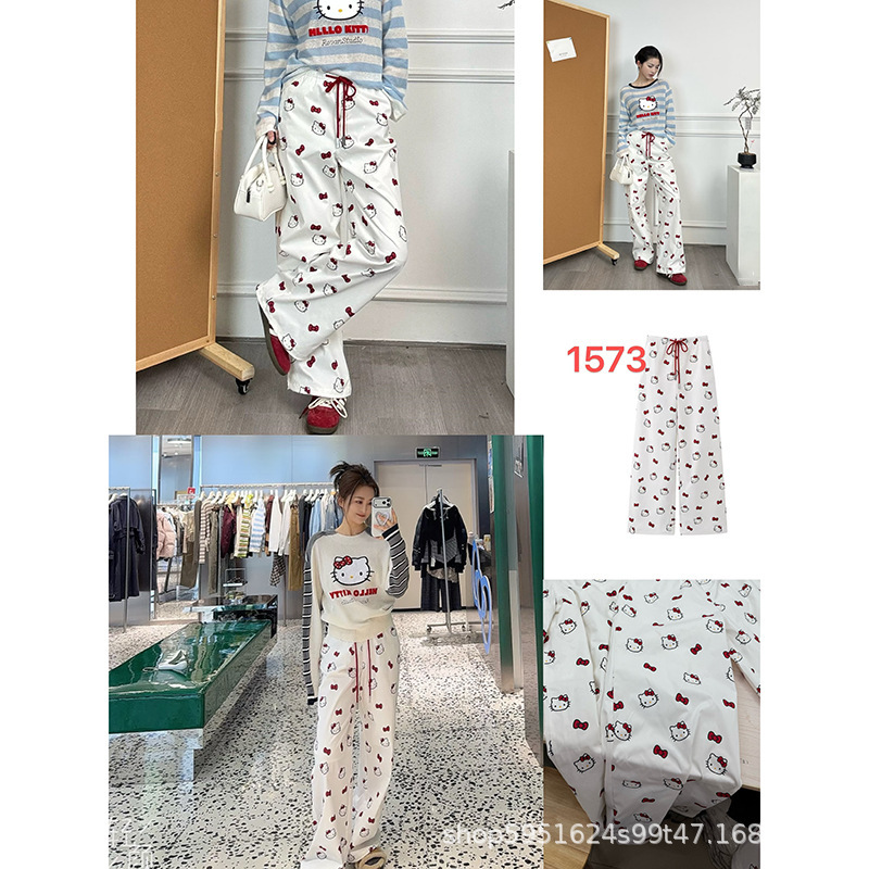 In Stock Now! 26Ss New Hello Kitty Printed Wide-Leg Versatile Casual Pants for Women