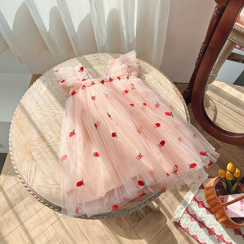 Estilo coreano manga voladora alas tridimensionales vestido de niña 2024 verano polka dot bebé niña vestido de malla mullido vestido de princesa