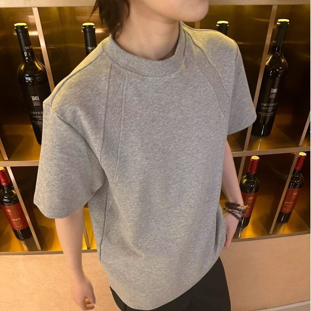 Camiseta gris pesada de costura de hilo masculina de verano boxy estilo americano de manga corta hombro 2026 nueva media manga