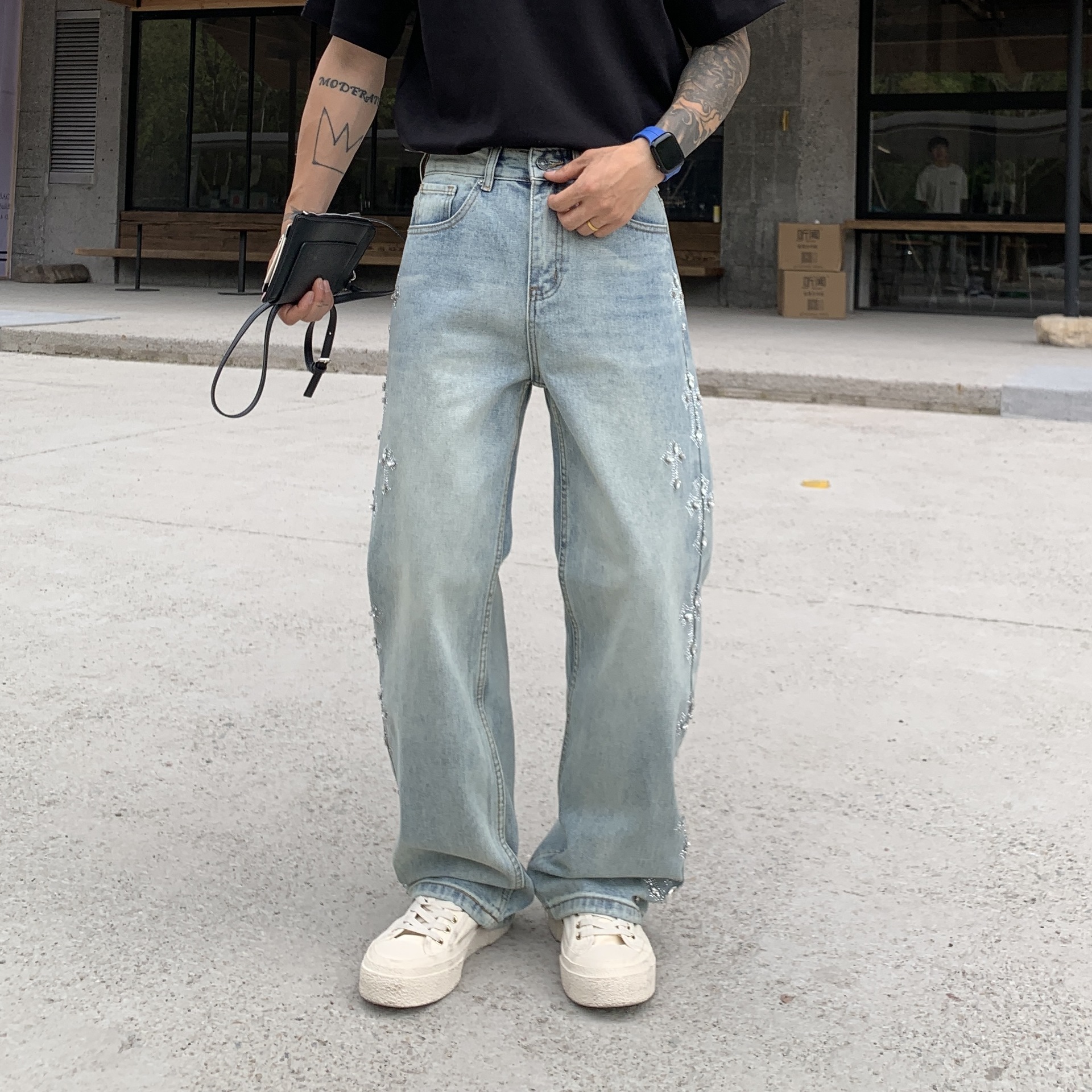 European and American Design Sense Cross Retro Hot Drilling Jeans Men's High Street Heavy Industry Loose Straight Trendy Brand American Pants