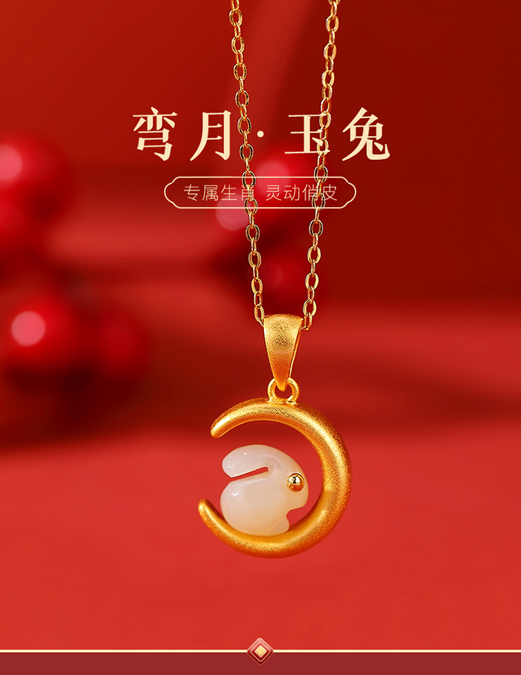 Mặt dây chuyền thỏ ngọc bích mặt trăng mạ vàng bạc S925 hình nai — Kiểu mạ vàng (Mặt dây chuyền đơn) chi tiết 2