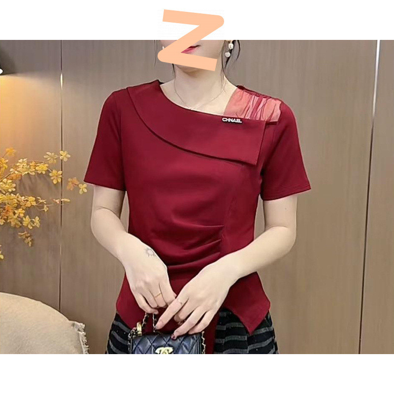 【5135人】イレギュラースリット半袖Tシャツ2025夏新作メッシュパッチワークウエストゆったり着痩せ|undefined