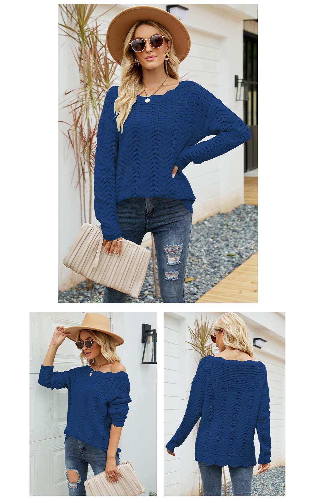 hollow pullover roundneck long sleeve loose solid color knitted sweater NSWJY137391