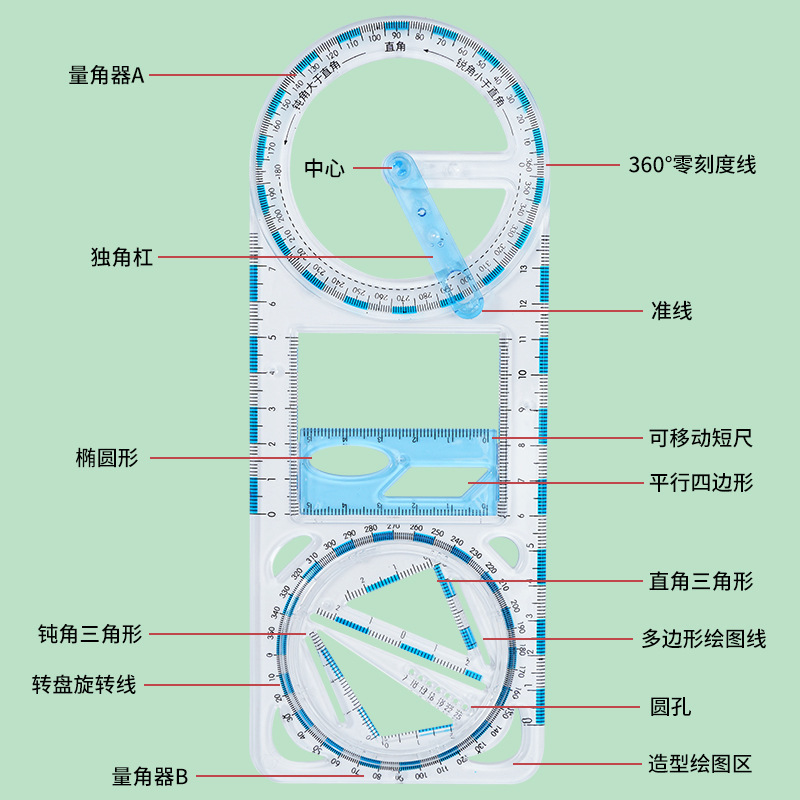 中小学生多功能函数绘画尺子量角器可旋转活动角三角尺直尺|undefined