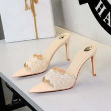 678-6 European and American style super high heels lace sexy exposed toe pointed toe, one foot stomping fine heel elegant series, wearing slippers for women