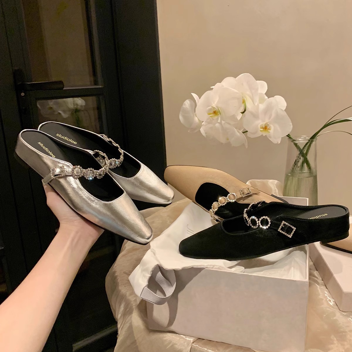 Sheepskin version ~ grape mother with French square head diamond belt shallow mouth increased Joker Muller half slippers women