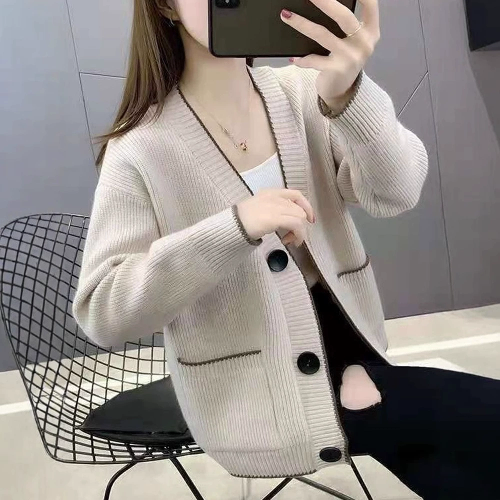 Весенний 2024 новый корейский свободный однотонный однобортный женский средний толстый вязаный кардиган куртка