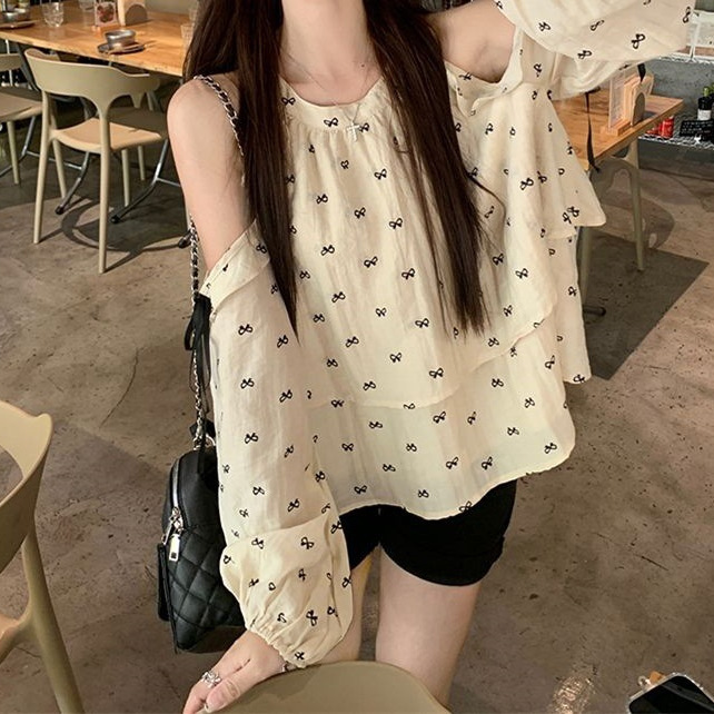春秋新款小个子甜美减龄蝴蝶结修身显瘦露肩衬衫宽松挂脖娃娃衫女|undefined