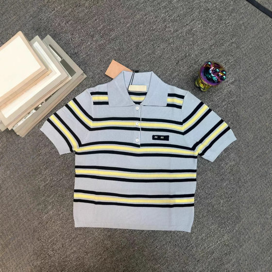 24 Spring and Summer New Nanyou High-fixed Stripe Control Casual Contrast Color Short-sleeved Women's Polo Knitted Shirt Girl Style Zhang Yuanying