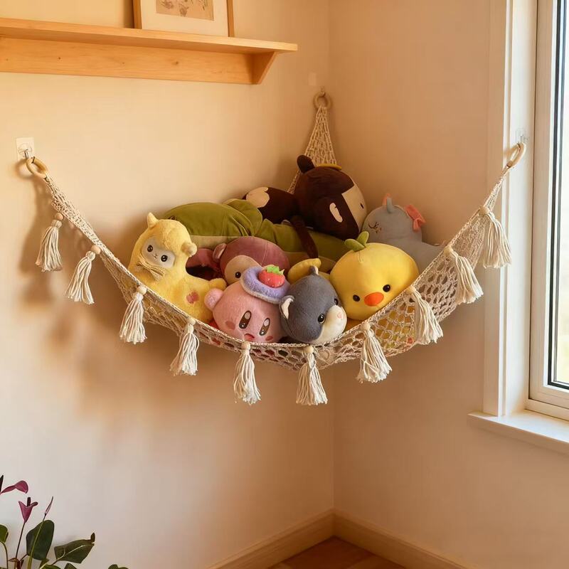 Cross-border wholesale triangle toy net bag hand-woven cotton rope bedroom children's room corner toy storage net hammock