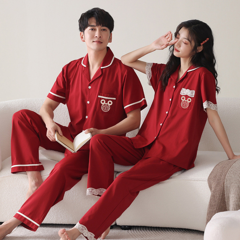 라이크라 커플 잠옷 남자의 봄과 가을 순면 반팔 바지 여름 결혼식 붉은 가족 년 홈 의류 여성 세트