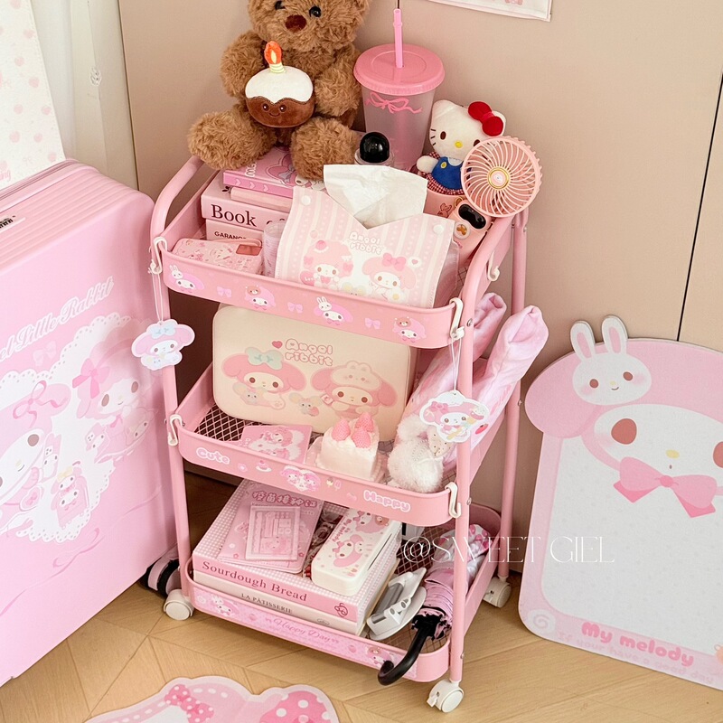 1 Sweet Girl's Pink 3-Tier Movable Storage Cart, Girly Storage Rack, Bedroom Bedside Organizer