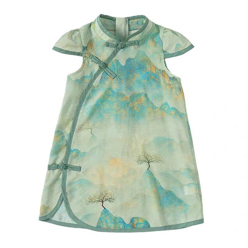 Ladie's Chinese Style Cheongsam Dress Summer  New Children's Baby Republican Ancient Style Landscape Painting Button Dress