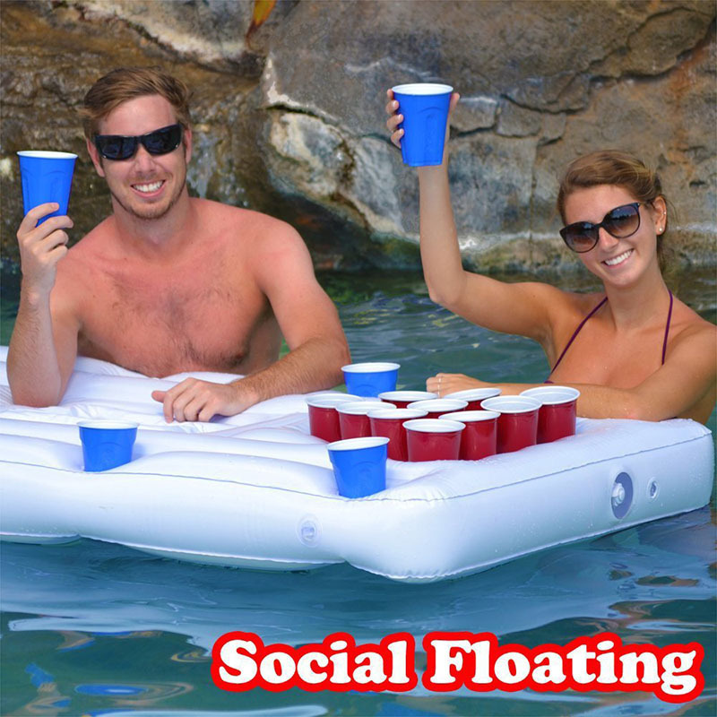 Mesa inflable de beer pong con 28 orificios para vasos, hamaca flotante, mesa de juego para cerveza, canal de hielo para entretenimiento, disponible en stock del fabricante.