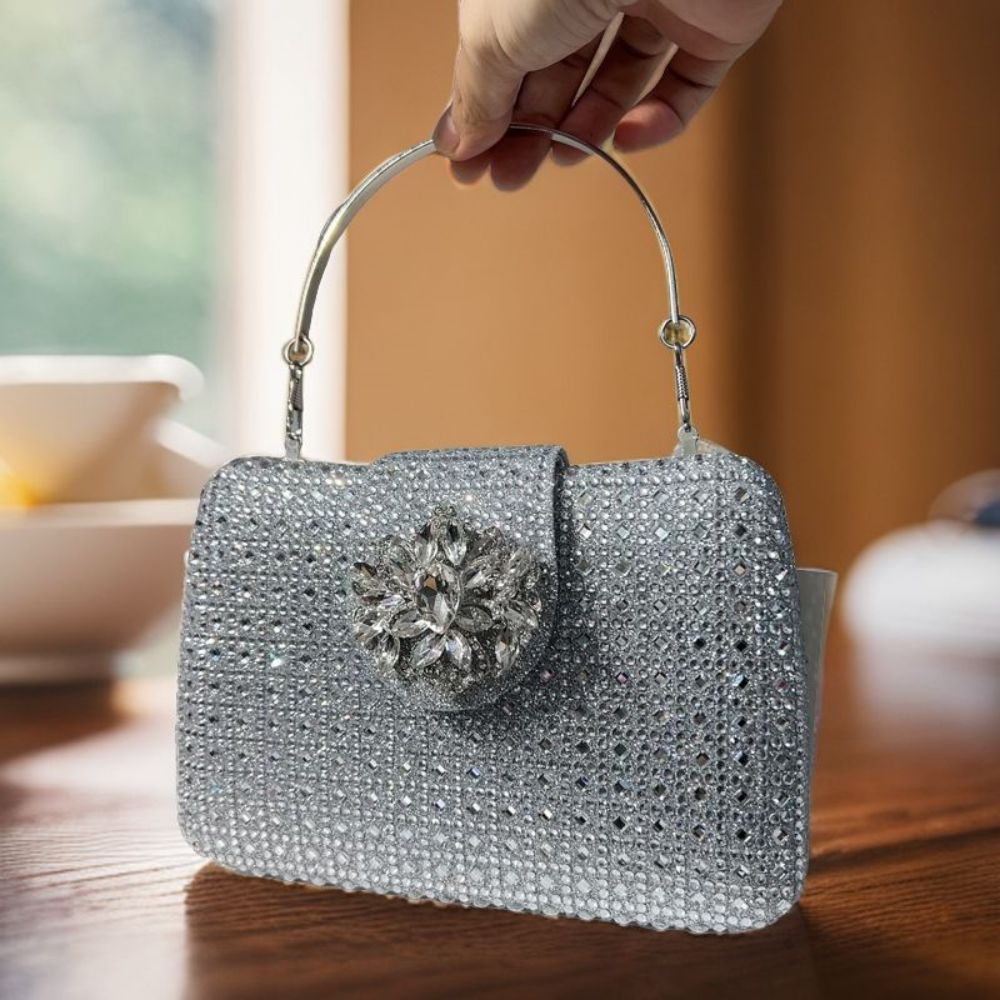 Túi clutch nữ đính đá pha lê dự tiệc sang trọng 19×13.5×4 cm — sâm panh chi tiết 9