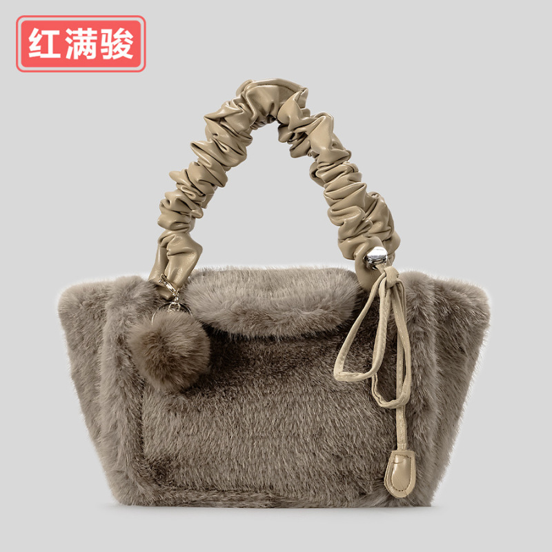 洋气时尚简约毛毛包软乎乎云朵斜挎包猪大肠褶皱肩带毛绒手提包女|undefined