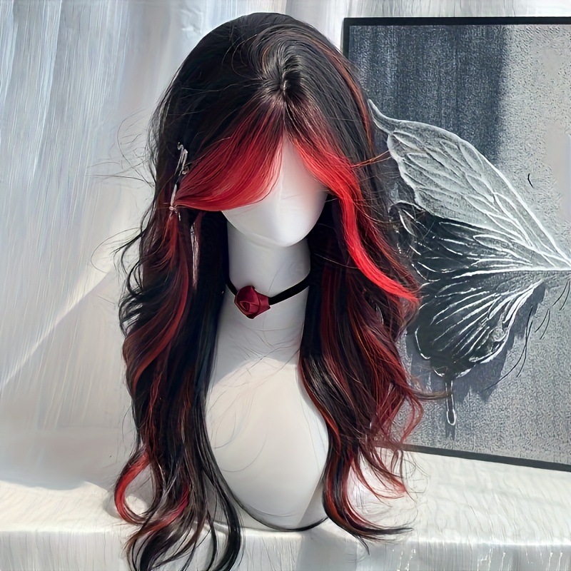 Women's wig with red and black highlights, bangs, long curly hair, punk style, middle parting, full head cover