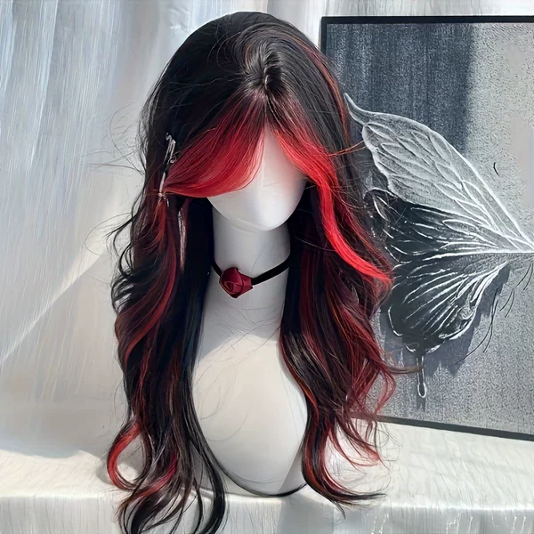 Women's wig with red and black highlights, bangs, long curly hair, punk style, middle parting, full head cover