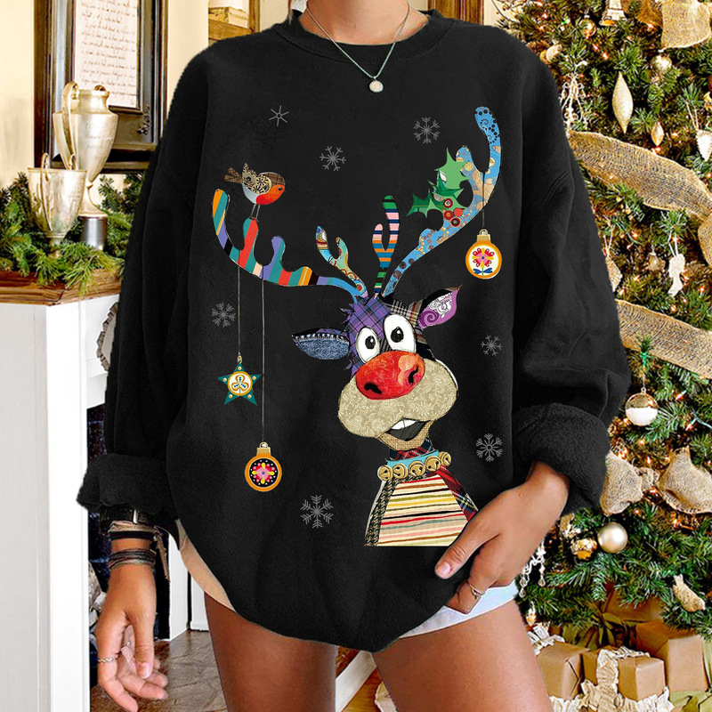 Christmas sweater women's new sweater fleece-lined Christmas deer top European and American plus size daily casual women's clothing cross-border Christmas sweater women's new sweater fleece-lined Christmas deer top European and American plus size daily casual women's clothing cross-border