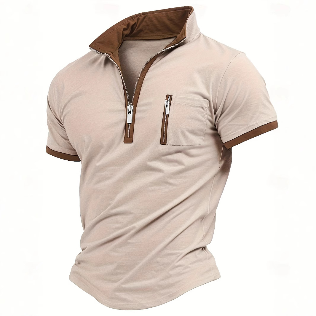 2025 Spot Cross-Border Amazon Fast Delivery European and American Men's Short-Sleeved Color-Blocked Zipper Tops Loose Polo Shirts