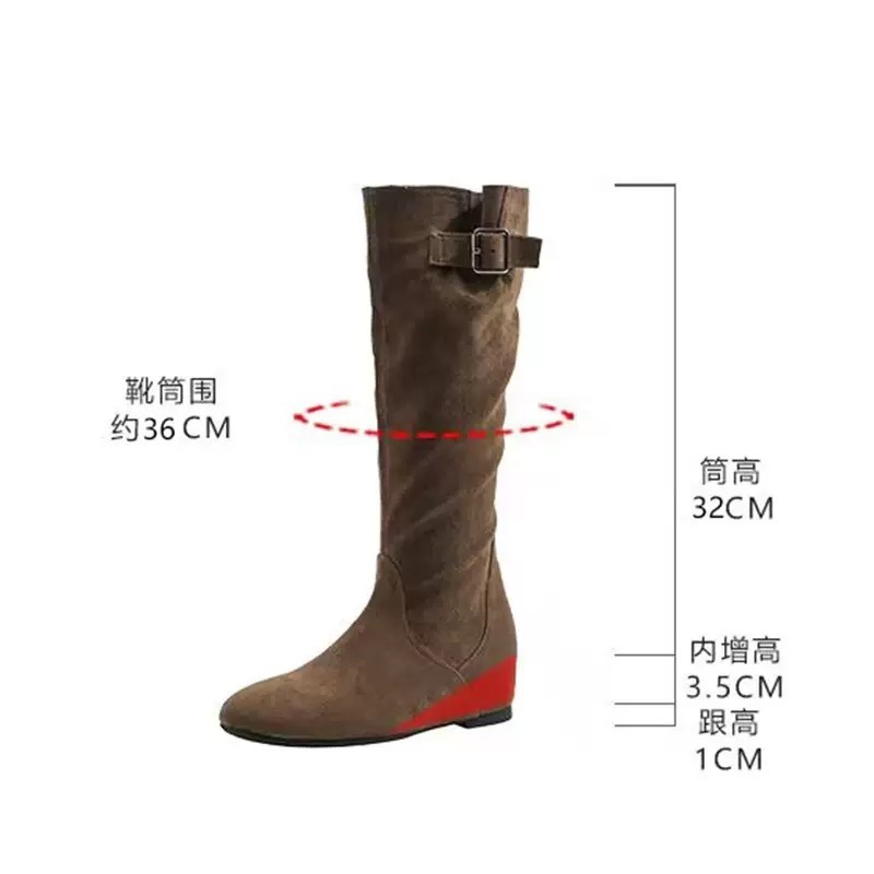 羊皮版~内增高5cm复古真皮褶皱西部牛仔靴女百搭不过膝高筒长靴子|undefined