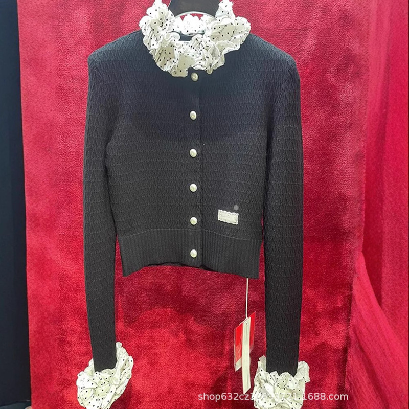 Spring 2025 New Fashion Elegant Age-reducing Ruffled Collar Soft Waxy Twist Casual Wave Dot Knitted Cardigan Sweater