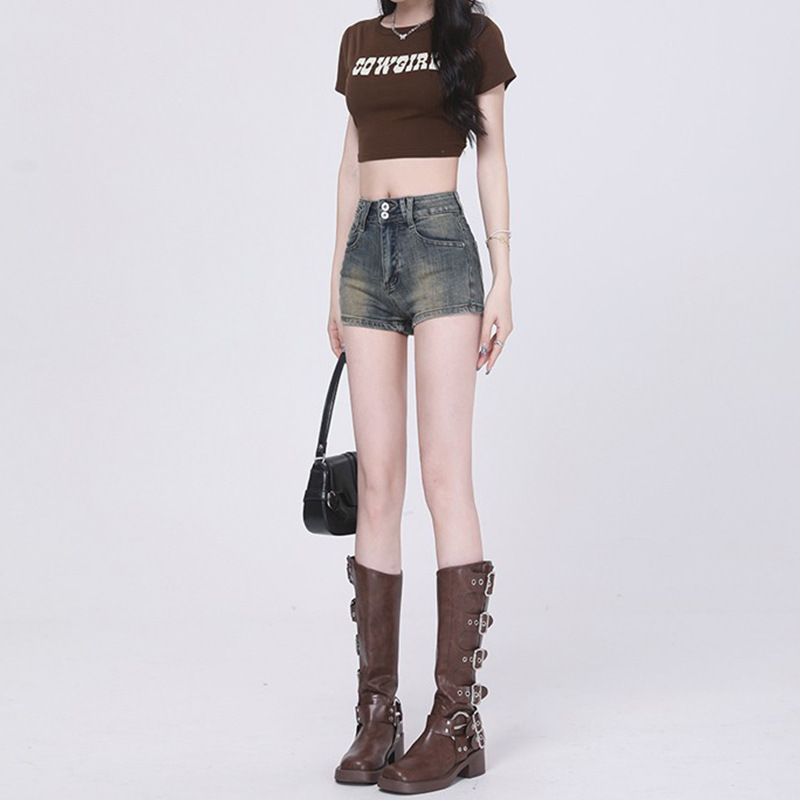 American Retro Denim Shorts 2025 Summer New Design High-Waisted Stretchy Tight A-Line Hot Pants