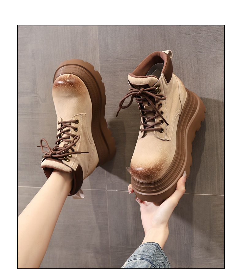 Giày boot nữ đế dày tăng chiều cao kiểu mới mùa thu, phong cách xe máy cổ ngắn — màu vàng sa mạc chi tiết 10
