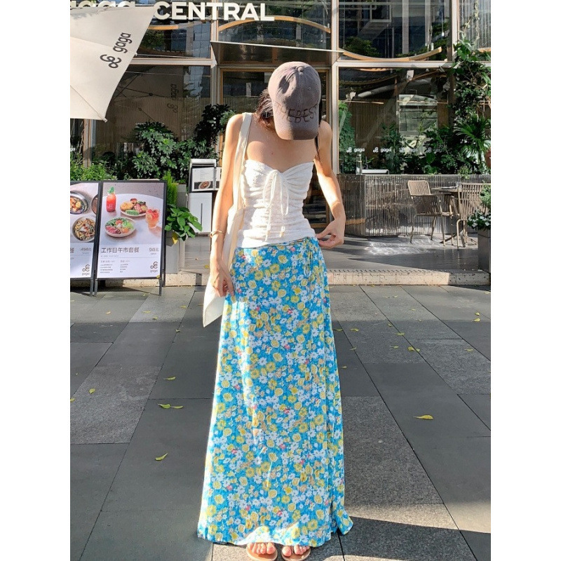 海边度假风套装法式抽绳抹胸背心上衣女夏季蓝色碎花半身裙两件套|undefined