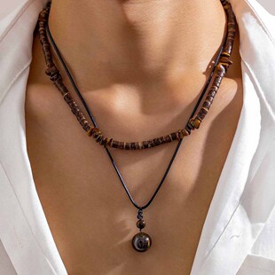 European and American Fashion Coconut Shell Turquoise Leather Wax Thread Necklace Set for Men Hip-Hop Niche Stacked Sweater Chain Cross-Border Jewelry for Men