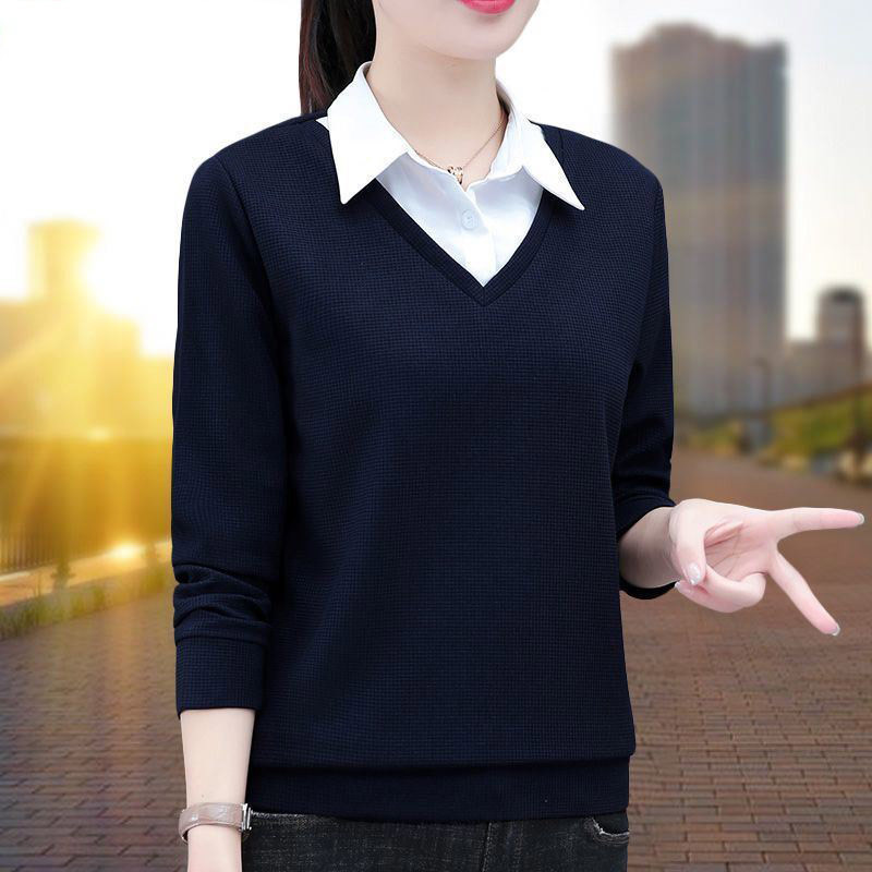 하이 엔드 가짜 투피스 셔츠 여성용 긴팔 가을 겨울 의류 새 스타일리스트 내부 셔츠 기모 따뜻한 베이스 셔츠 탑