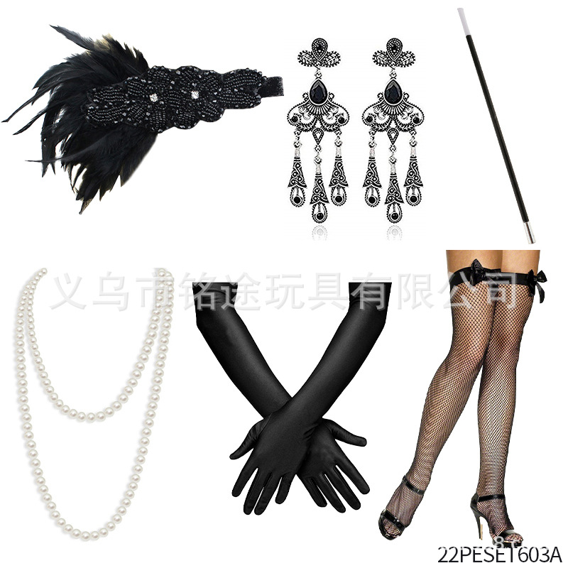 1920s Flapper niña ropa venda roja lana raya collar guantes cigarrillo varilla traje negro lana raya