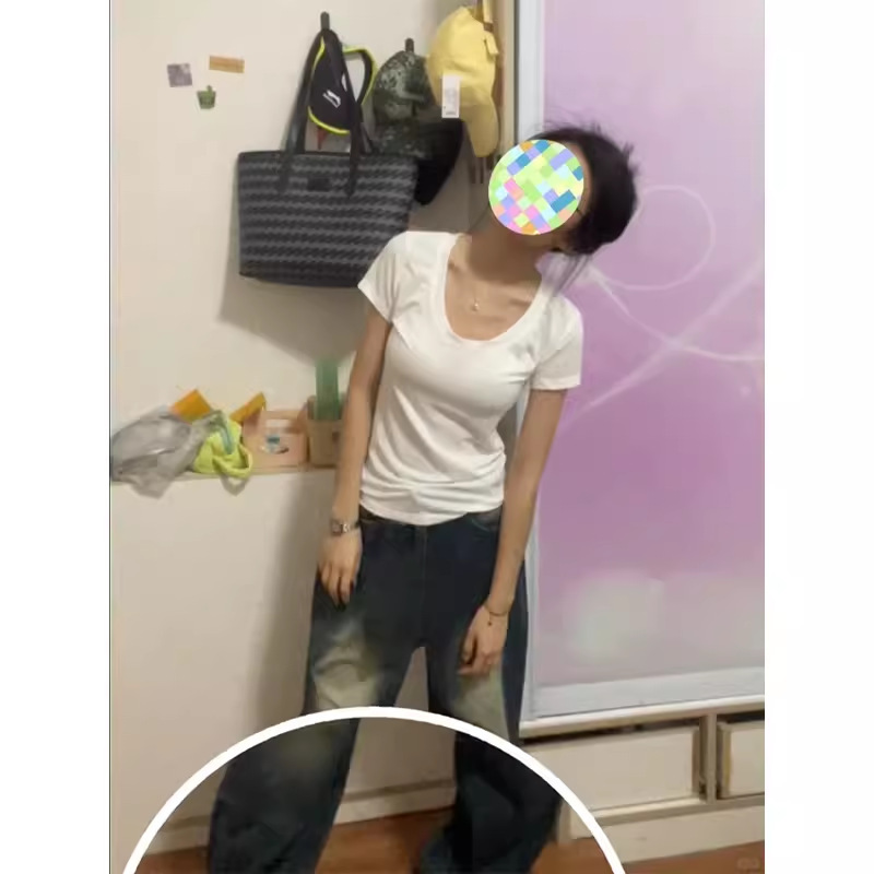 酒红色正肩女恤领短袖收腰短上衣掐腰黑色微胖修身显瘦辣妹夏季|undefined