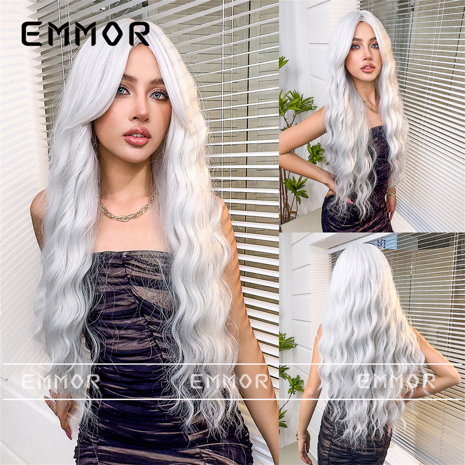 Suministro transfronterizo venta caliente de ocho caracteres flequillo reparación facial blanco plateado gran ola larga y rizada peluca de celebridades de Internet europea y americana