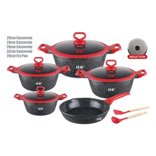 Hk Non-Stick Pot 10-Piece Set Shallow Soup Deep Decoction Dual-Purpose Pot Marble Aluminum Die-Cast Pot Double Bottom Bakelite Silicone Lid Soup Pot
