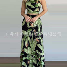 跨境货源2022新款速卖通亚马逊绿色植物印花两件套套装连衣裙现货