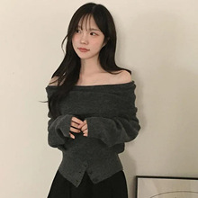 纯欲少女风性感一字肩翻领收腰毛织上衣辣妹纯色百搭下摆排扣上衣