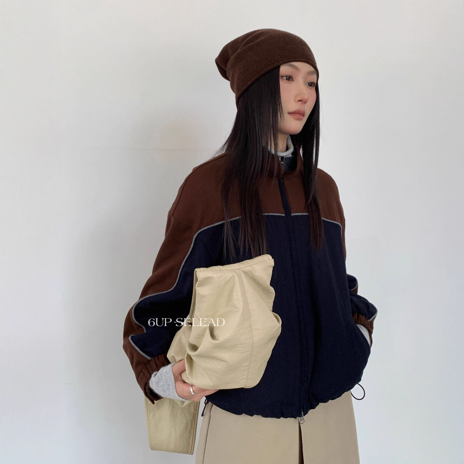 6up Korean Minimalist Color-Blocking Woolen Quilted Stand Collar Jacket for Women, 13-Row New Style, Lazy and Stylish, High-End Feel 50505