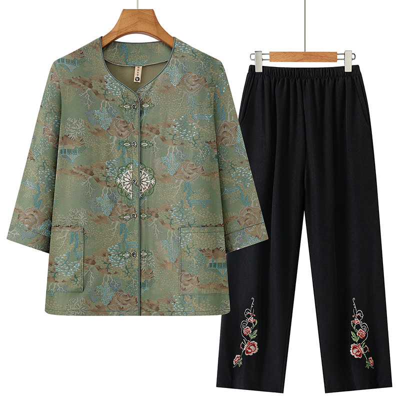 Summer Outfit Set for Middle-Aged and Elderly Women, Thin Shirt, Traditional Chinese Style, Cardigan Two-Piece Set for 70-Year-Old Mom, Grandma