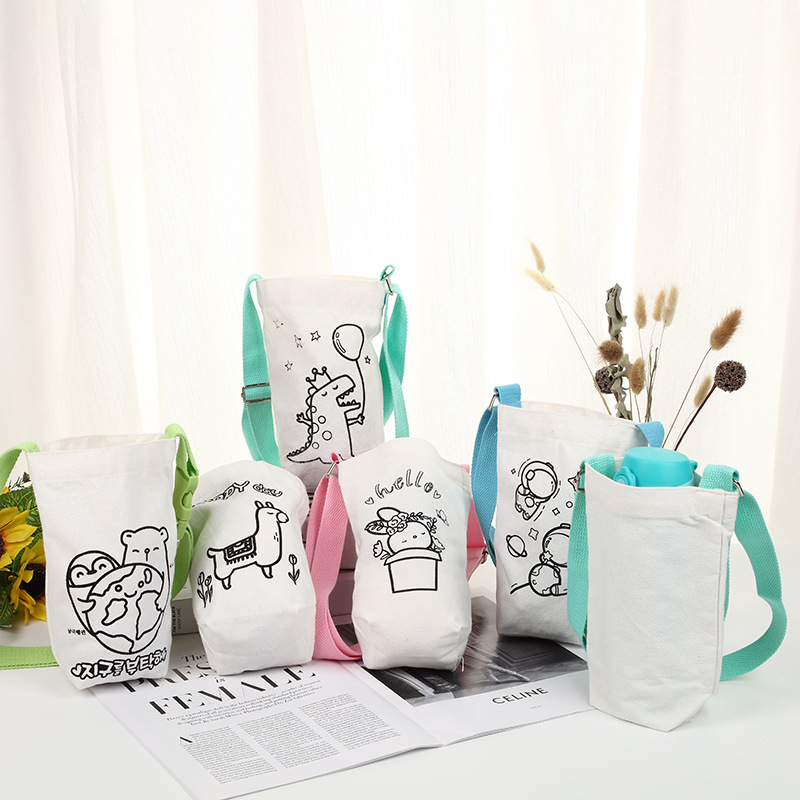 韩版帆布水杯袋 可调节手提可爱DIY绘画涂鸦保温袋外贸拎包环保袋