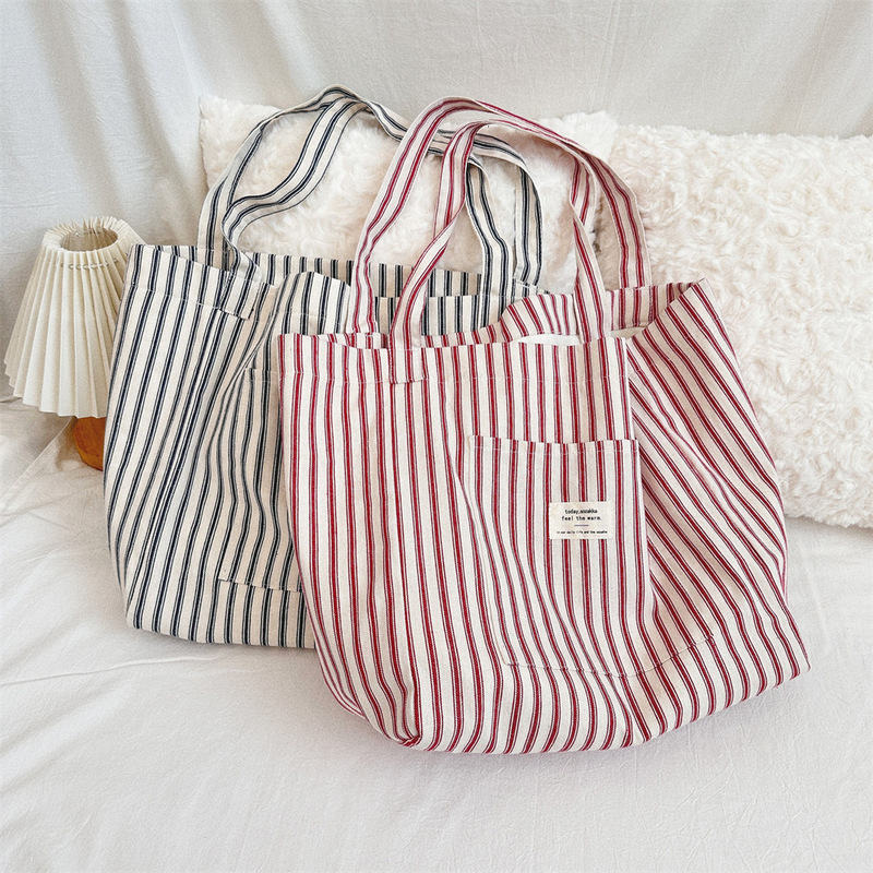 4891 Holiday French Striped Canvas Bag All-match Shopping Large Capacity Shopping Bag Women's Lightweight Commuting Shoulder Bag