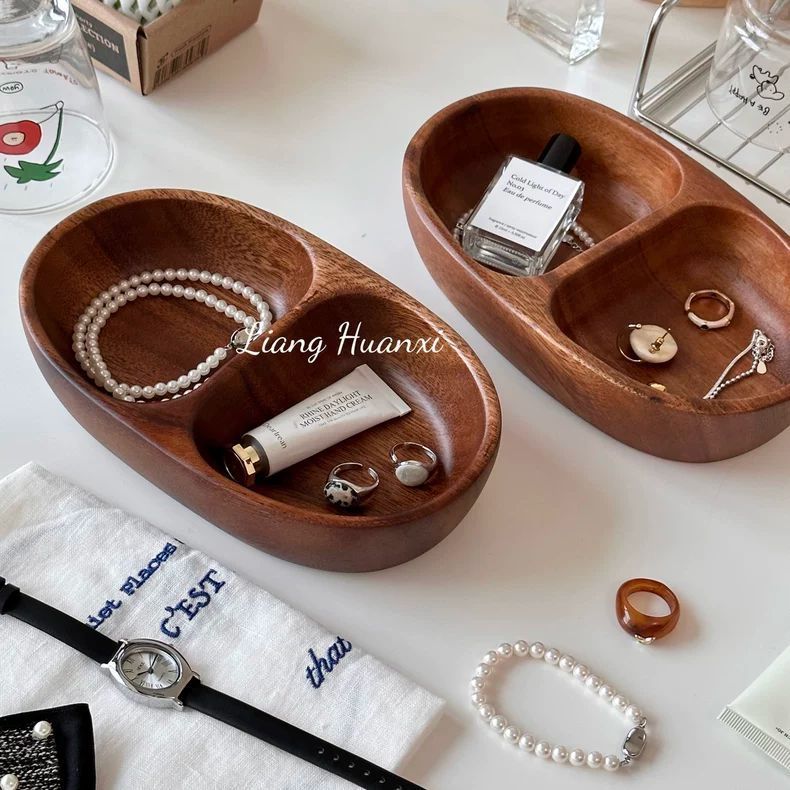 Retro Wooden Desktop Storage Box Jewelry Perfume Sundries Compartment Organizer Tray Living Room Entrance Sundries Storage Tray