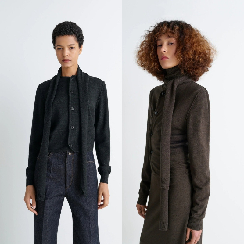 2025 New Autumn and Winter Lem Style Scarf Collar Knitted Cardigan Women's Design Ribbon Sweater Jacket