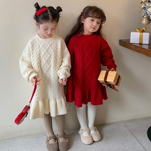 Girls' Korean Style Western Style Knitted Wool Skirt 2024 Autumn and Winter New Children's Ruffled Thickened Princess dress