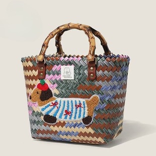Bamboo straw bag, retro beach basket
