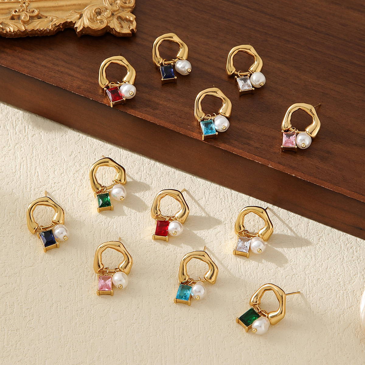 15g Weight 0.03µm-0.05µm Gold Plating Thickness 1 Pair French Style Geometric Pearl Plating Inlay Titanium Steel Zircon Zircon Ear Studs